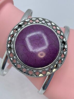 Silver Tone Purple Acrylic Cuff Bracelet Boho Statement Open Bangle New